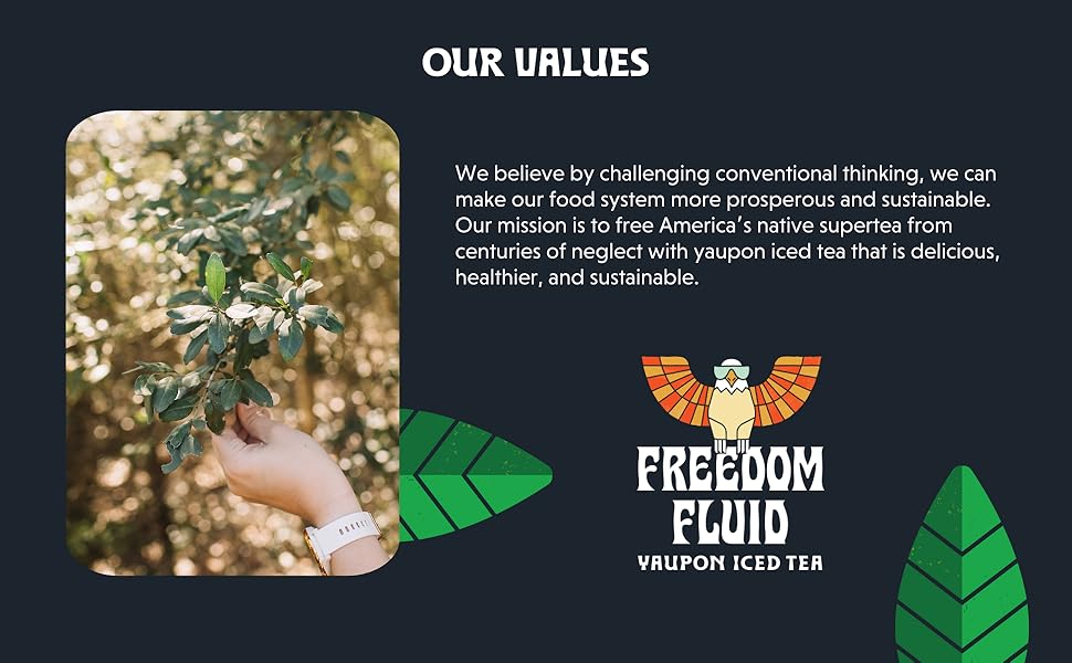 Freedom Fluid yaupon iced tea, naturally caffeinated drink, energy boost with no jitters, low sugar