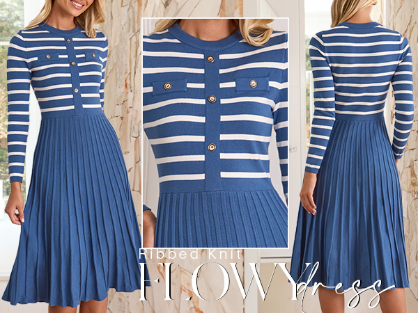 ZESICA Womens Long Sleeve Striped Midi Dresses Crewneck