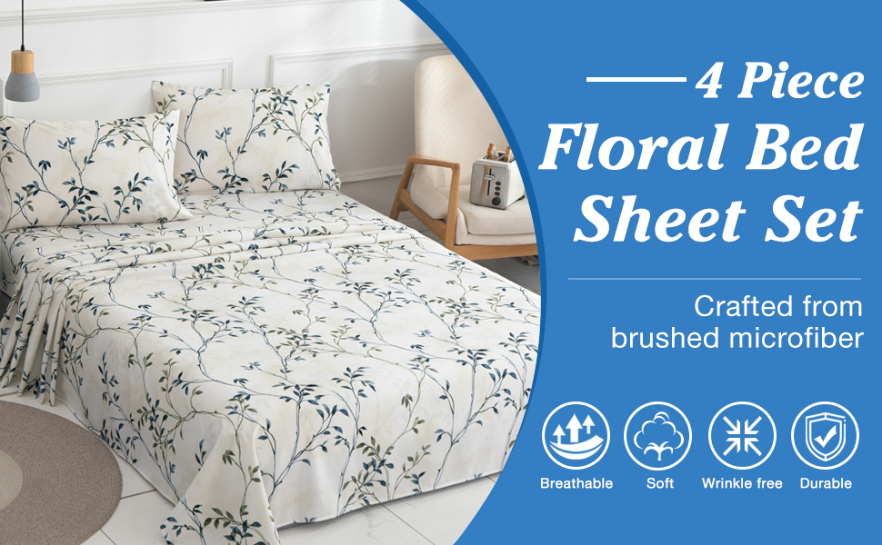 JSD Leaves Printed Sheet Set King, 4 Piece Soft Botanical Pattern