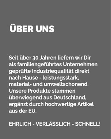 German text on gray background describing a company's 30-year history of delivering industrial-quality products, emphasizing family-owned, environmentally friendly, and sourced from Germany and EU.