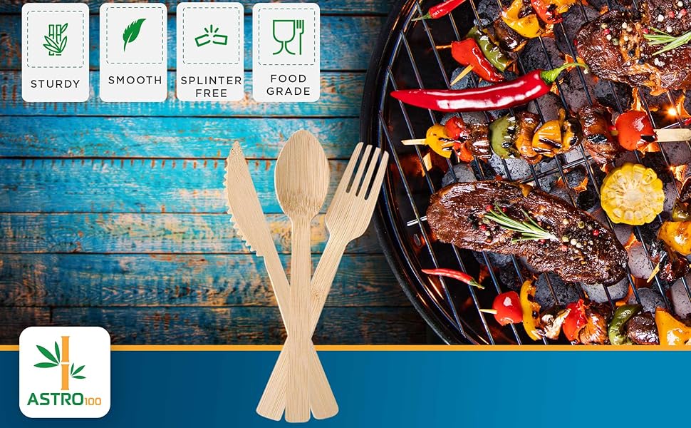 Bamboo Cutlery Set 150 pcs (60 Forks * 60 Knives * 30 Spoons ) Disposable 100% Natural Sustainable