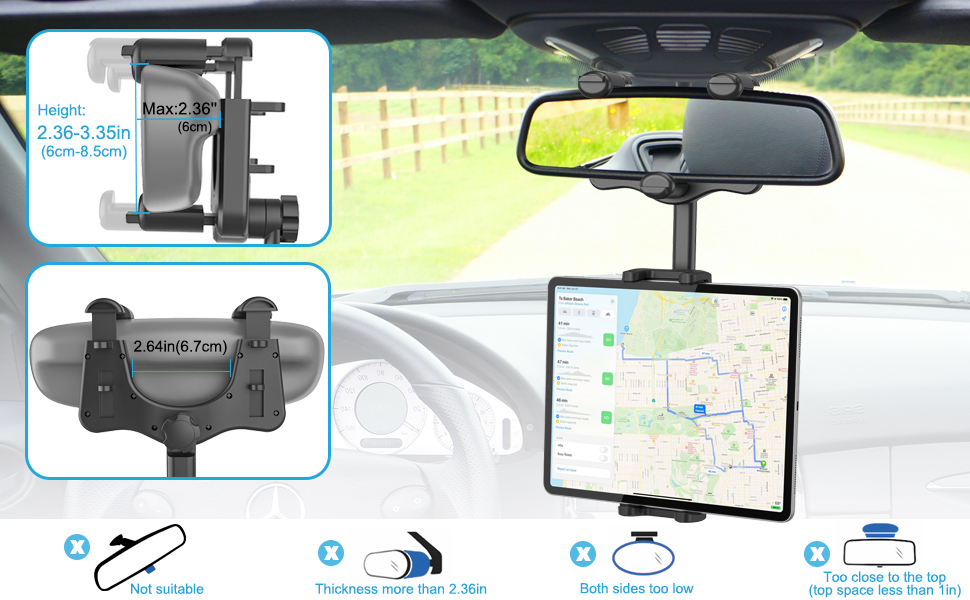 Aozcu Rear View Mirror Car Tablet Mount, 360° Retractable Arm Truck