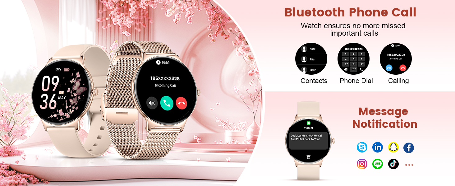 Smartwatch with round face and metallic mesh band. Features include Bluetooth phone calls and message notifications from various apps. Display shows time and health metrics.