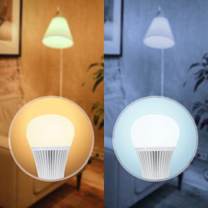 Vergleich der LED-Lampenbeleuchtung mit warmgelben und kaltweißen Farbtemperaturen in Pendelleuchten.