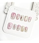 30pcs Pink Press on Nails Short Square Fake Nails with 3D Gold Star Moon Butterfly Designs Glitte...