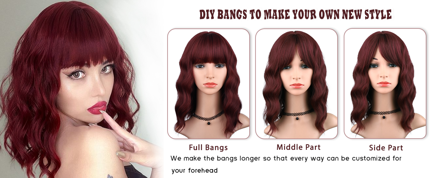 MINLEE Red Wig with Bangs for Women 14 Inch Short Bob Wavy