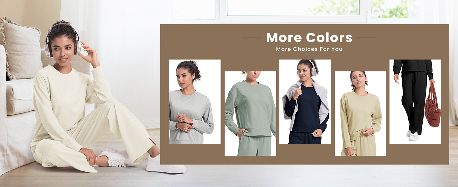 womens solid color 2 piece outfits crewneck tops And Palazzo Pants Sets lounge track sweat suits