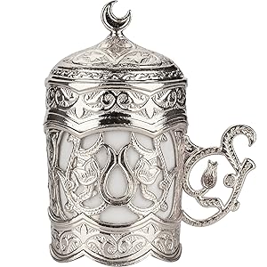 Silver-Toned Coffee Set, Durable Zamac, Porcelain Cups, Ottoman Motifs, Modern Coffee Set