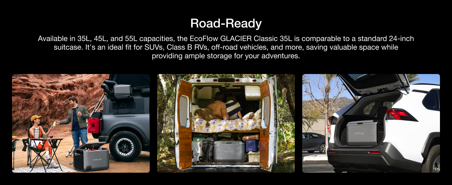 Composite image showcasing a portable refrigerator in three settings: camping, inside a van, and in a car trunk. The product is shown as versatile for various outdoor and travel scenarios.