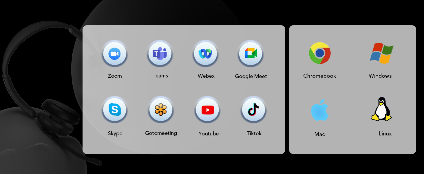 Device screen displaying various app icons including Zoom, Teams, Skype, YouTube, TikTok, Chrome, Windows, and Linux, arranged in rows on a gray background.