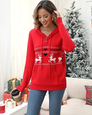 VIMPUNEC Christmas Fall Womens Oversized Hoodies Knit V Neck Sweaters Fashion Casual Pullover Tops
