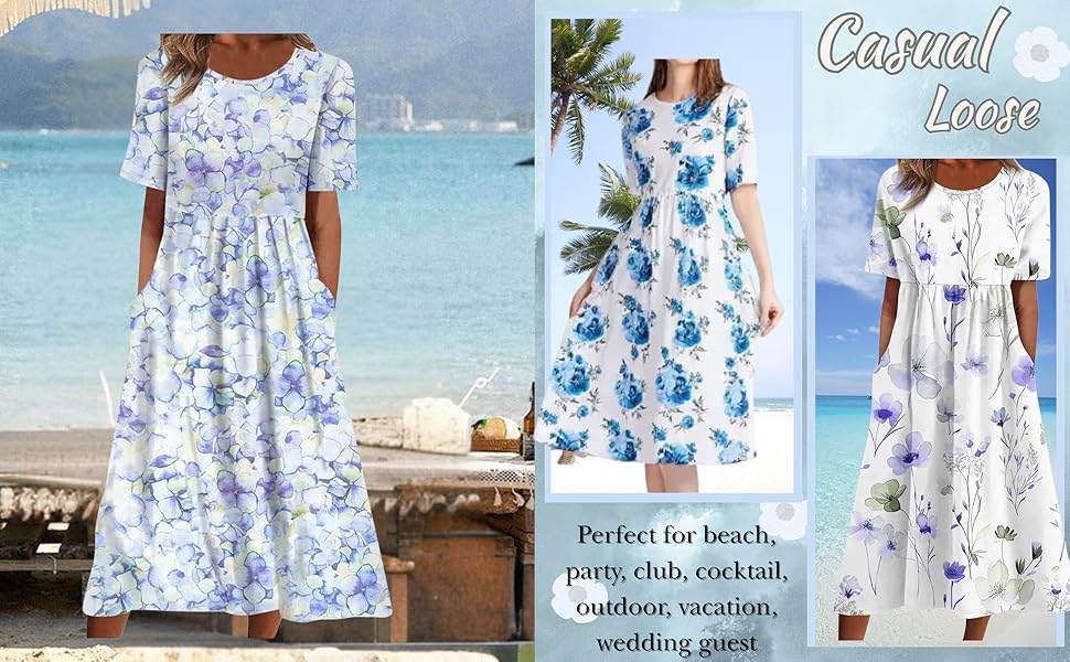 Womens Summer Casual Midi Maxi Dresses Lightweight Short Sleeve Elastic Waist Boho Beach Dress
