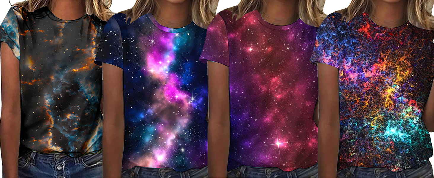 Ausgefallene Tshirt Damen Galaxie Drucken T-Shirt Bluse Kurzarm Shirt Oberteile Alltag Crop Top
