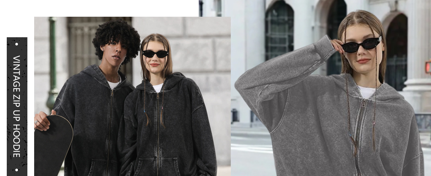 Basic Oversized Vintage Zip Up Hoodie