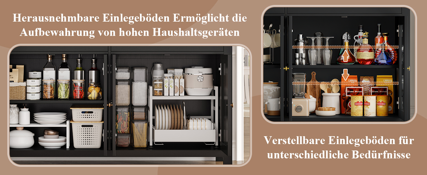 Küchenschrank mit verstellbaren Regalen und herausnehmbaren Behältern. Auf der linken Seite befinden sich organisierte Gerichte und Gewürze, auf der rechten Seite befinden sich verschiedene Lebensmittelbehälter und Flaschen in abgestuften Regalen