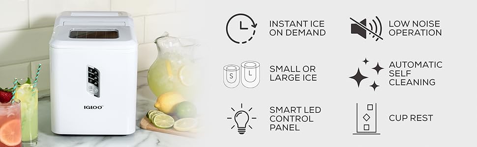 Instant on demand ice, low noise, small or large ice, self cleaning, smart control panel, cup rest