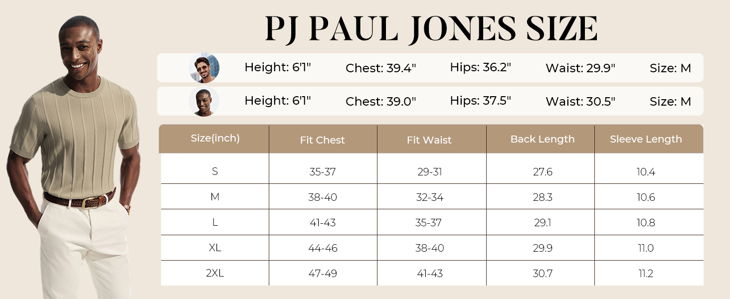 PJ PAUL JONES Size Chart