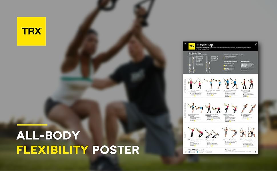 Two people doing an exercise next to a workout poster. Text reads: "All-body flexibility poster."