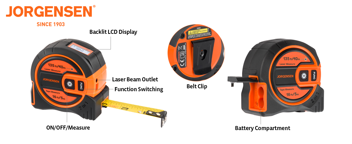JORGENSEN 2-in-1 Laser Tape Measure, 135Ft Measuring Laser &16Ft Tape