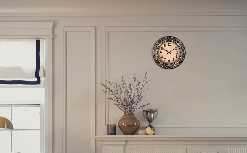 Vintage Wall Clocks for Living Room Decor, 12 in Small Kitchen Wall Clock Battery Operated, Silent Rustic Retro Mid-Century Decorative Wall Clock for Office/Bathroom/Bedroom, Black Golden 21 retro black gold wall clock plastic