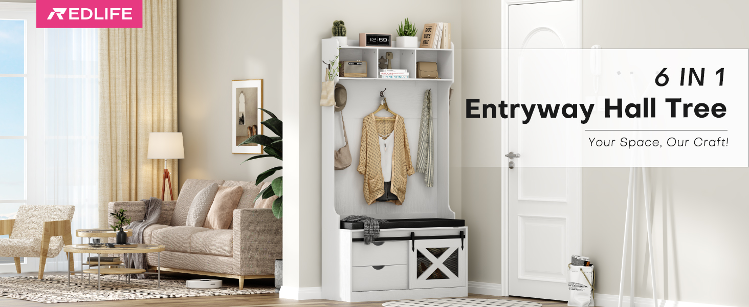 Redlife Hall Tree with Storage Bench, Farmhouse Entryway