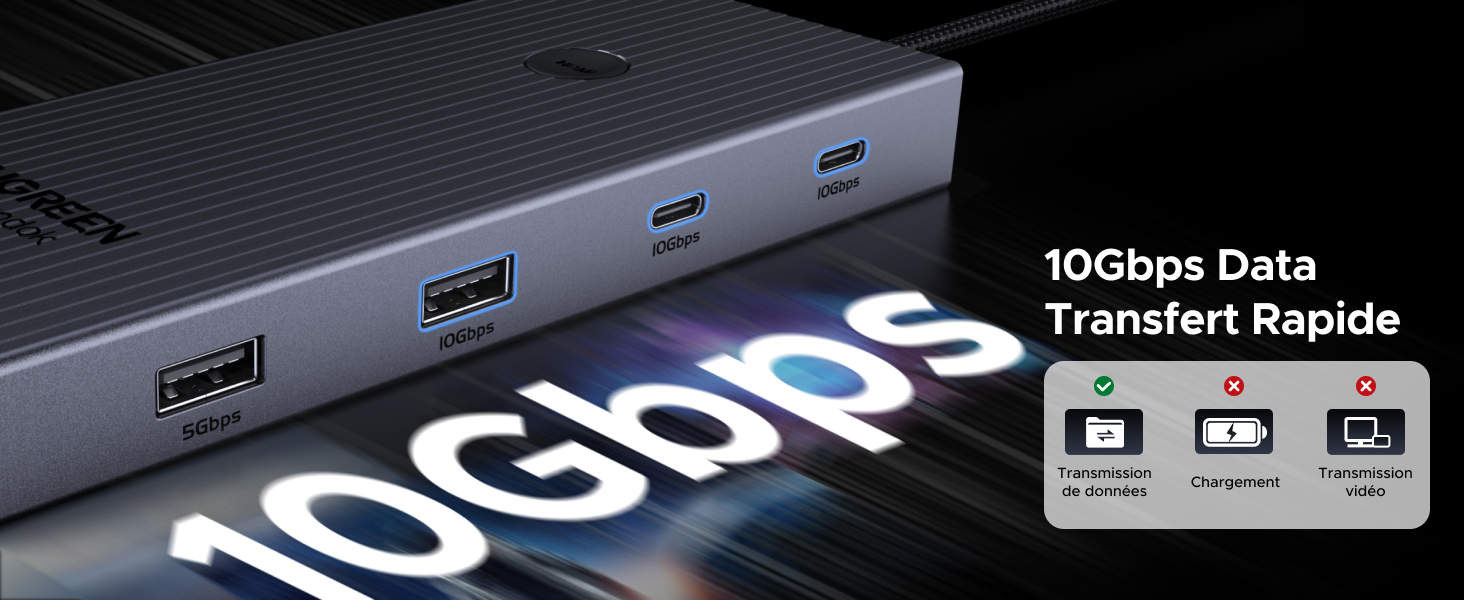 avec plusieurs ports, dont USB-A et USB-C. Dispose d'une vitesse de transfert de données de 10 Gbit/s et d'indicateurs LED pour l'alimentation, la connexion et l'état de charge