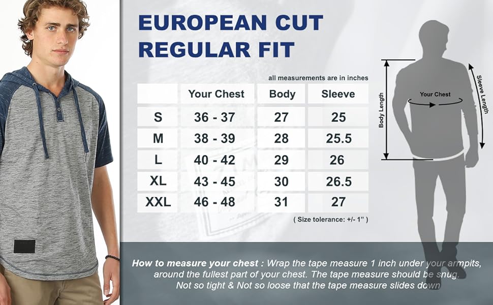 Zimego Short Sleeve Lightweight hoodie Size Chart
