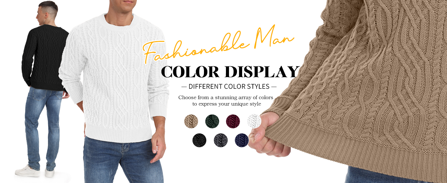 Color display of knit sweaters showing various shades. Three people wearing sweaters in white and black. Close-up of textured knit pattern.