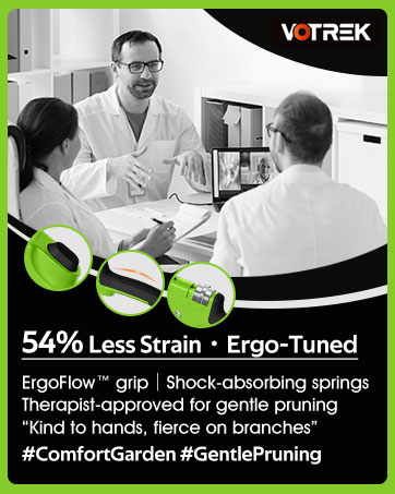 Text reads 'V-TREK', '34% Less Strain', 'Ergo-Tuned', 'Kind to hands, fierce on branches', '#ComfortGuides #GentleTuning'. Series of black and white product demonstration images.