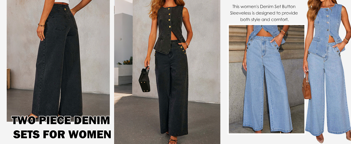 Women 2 Piece Denim Set Jean Vest Denim Y2k Wide Leg Jeans Outfits