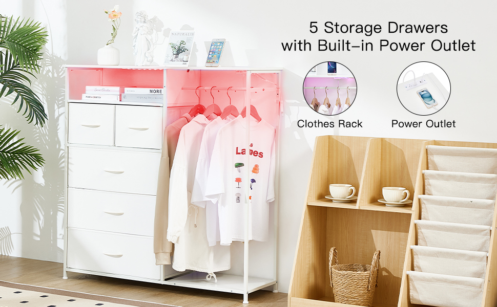 White Dresser for Closet,Led Tall Dresser for Bedroom