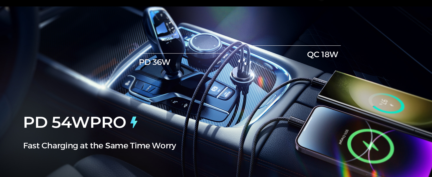 Technical diagram of charging device labeled 'PD 54WPRO' showing power specifications including PD 36W and QC 18W capabilities.