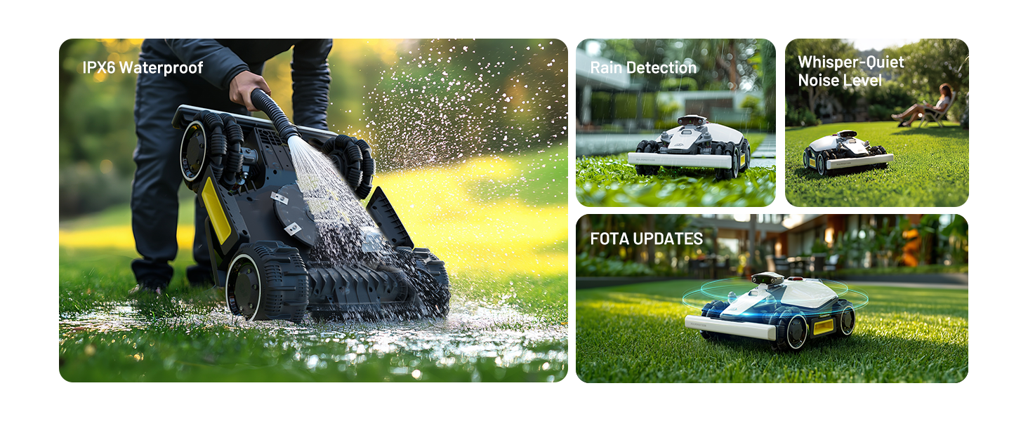 Collage of robotic lawn mower in action. Main image shows mower spraying grass clippings. Smaller images display mower on lawn and close-up of cutting mechanism.