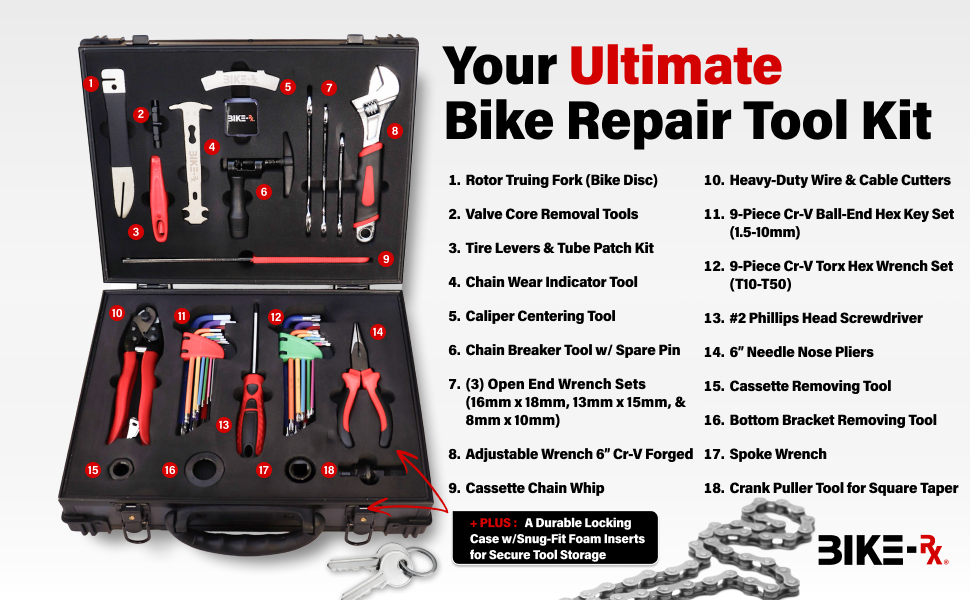 Rotor Truing Fork Valve Core Removal, Tire Repair, Chain Repair, Capliper Centerting Tool