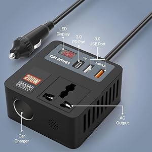 200W Car Power Inverter with 2 USB Ports (18W & 15W QC3.0), 1 USB-C 30W PD, 2 AC Universal Outlets, 12V DC to 220V AC Converter for Laptop, Phone, and Electronics Charging (Plug Car Charger) 53 NEW-200W