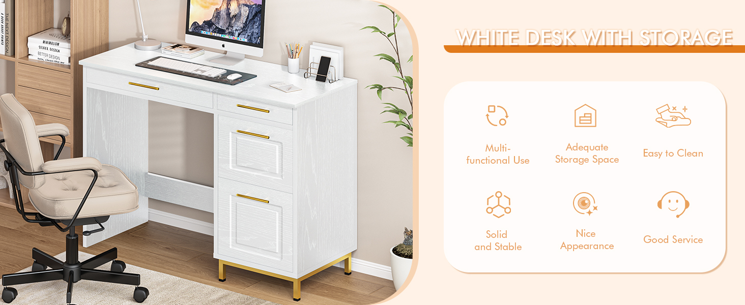White and gold desk with 4 different sizes drawers