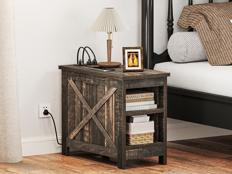 YITAHOME Farmhouse End Table with Charging Station, Narrow