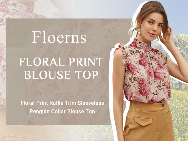 Floerns Women's Floral Print Ruffle Trim Sleeveless Mock