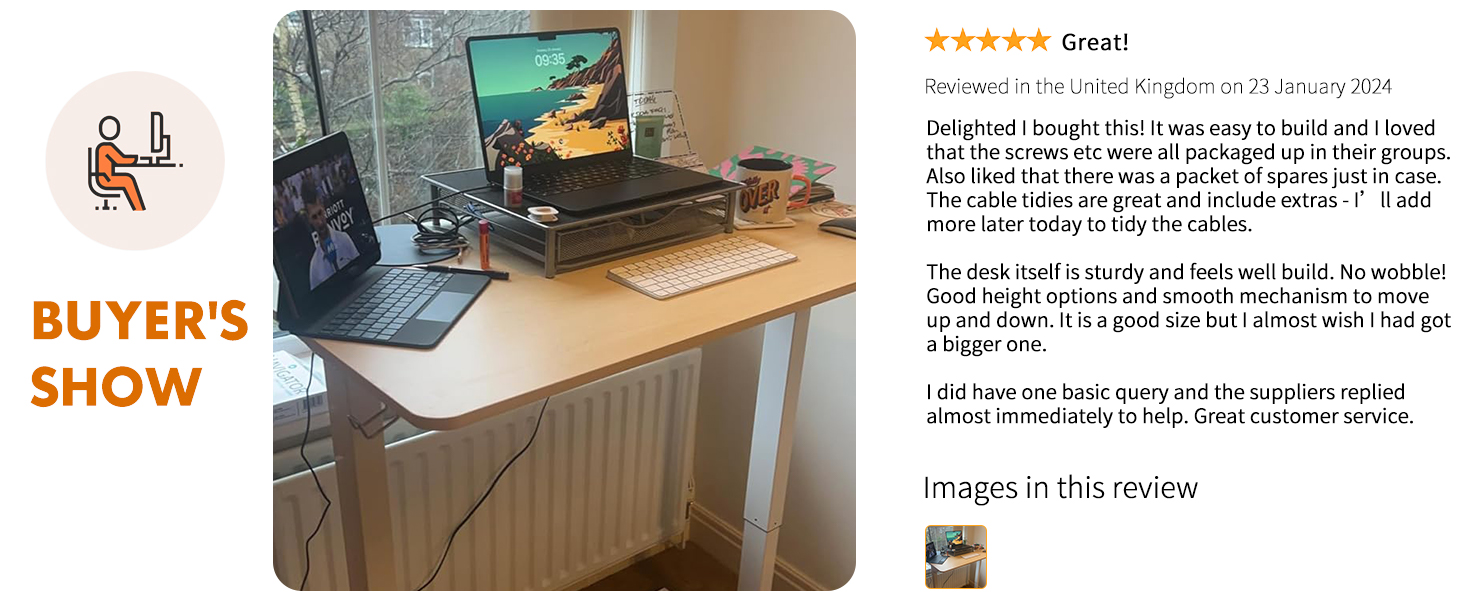 Wooden desk with laptop, mouse, and dual monitors. Product review snippet visible with 5-star rating.