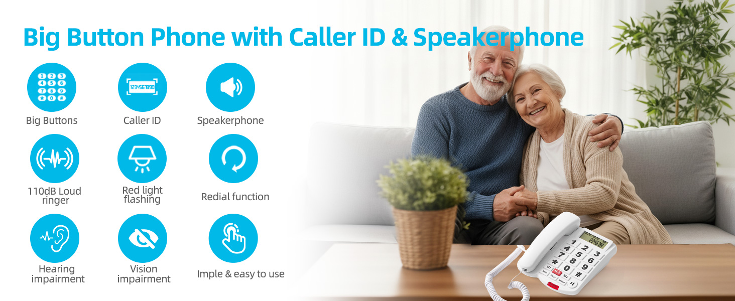 Large Button corded landline Phone with Caller ID Speakerphone for seniors