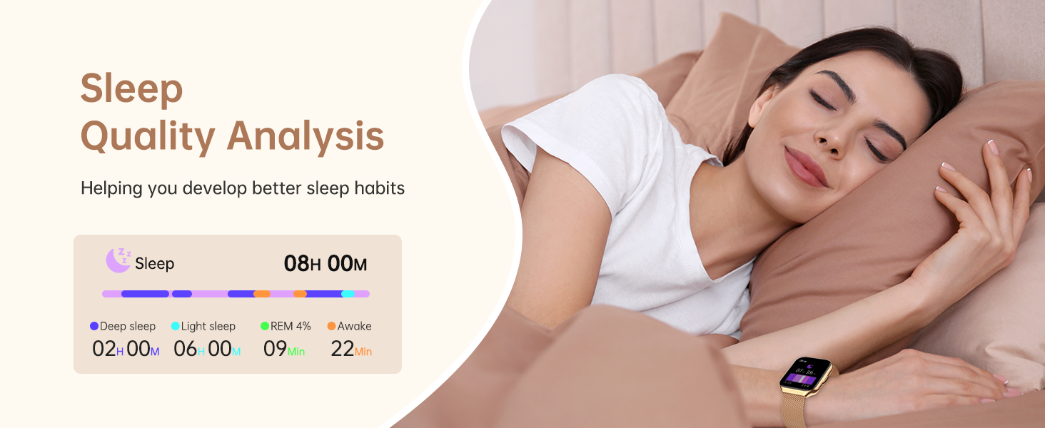 Sleep tracking smartwatch on wrist of woman sleeping. Screen shows sleep quality analysis with duration of 8 hours. Text promotes developing better sleep habits.