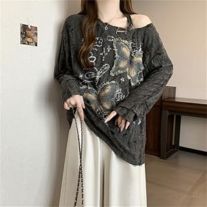 Amazon | [YUNHEN] 長袖Tシャツ 片肩出し ダメージ 蝶柄