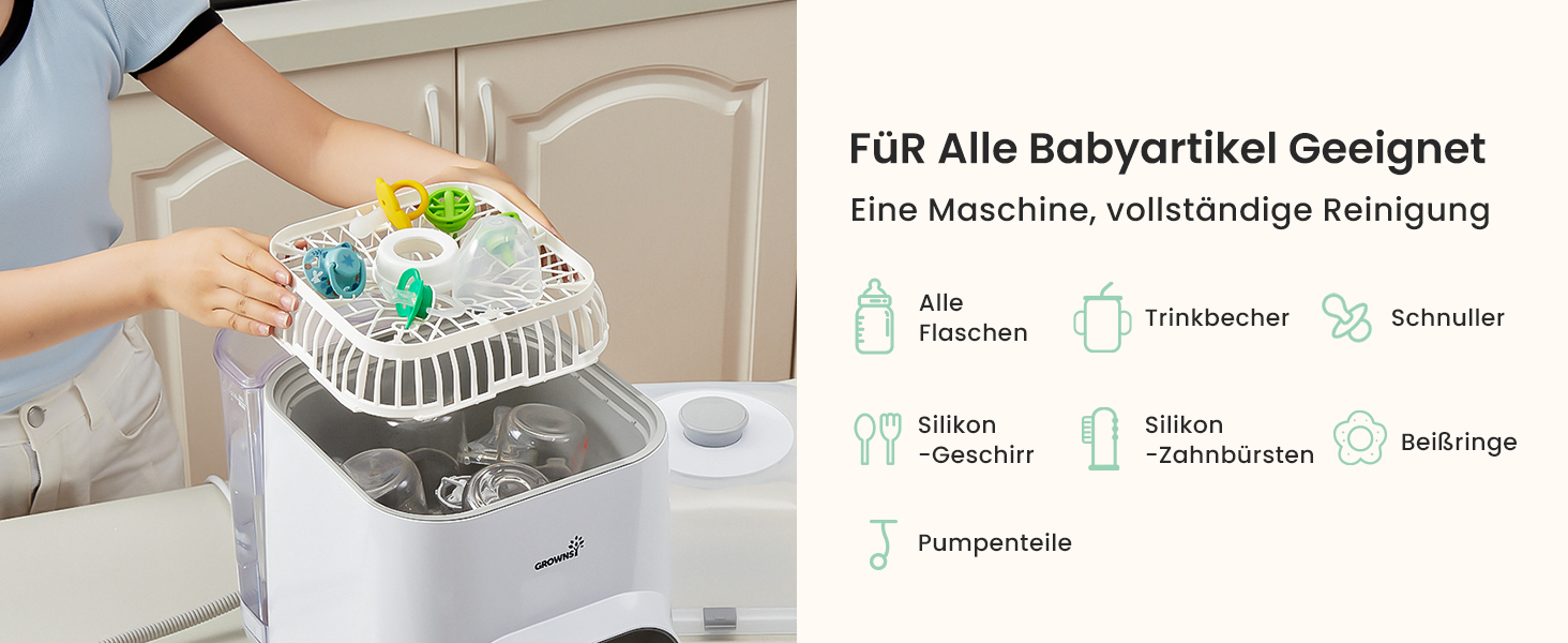 Der Text lautet „Für Alle Babyartikel Geeignet“. Vorführung eines Reinigungsgeräts für Babyflaschen mit dreistufigen Prozesssymbolen, die den Waschvorgang anzeigen.