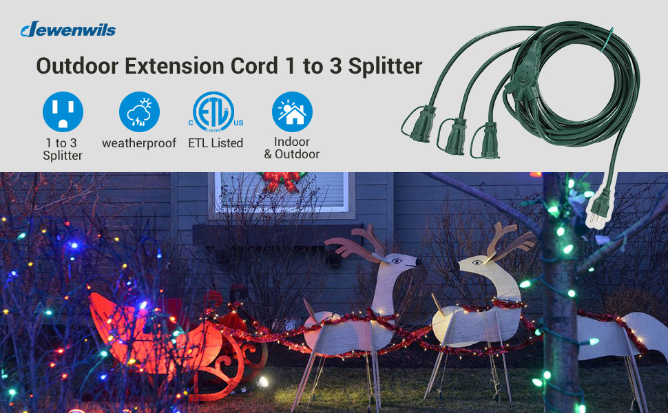 DEWENWILS Outdoor Christmas Extension Cord 1 to 3 Splitter, 3 Prong
