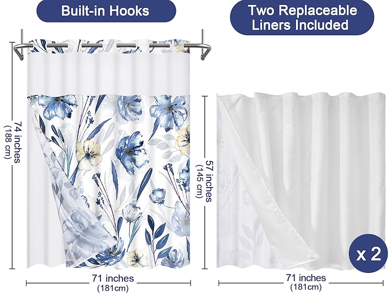 Alishomtll No Hook Shower Curtain with 2 Pcs Snap On Shower Curtain Liners