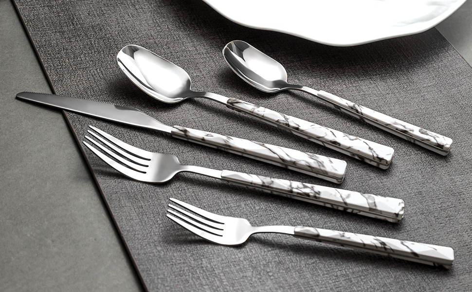 Marble Silverware Set, 20PC Stainless Steel Color Handle