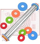 Rolling Pin with Thickness Rings and Red Silicone Baking Mat, Adjustable Stainless Steel Rolling ...