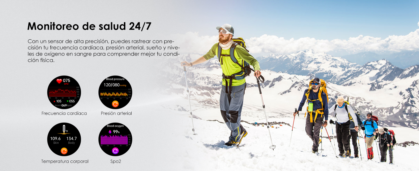 Health monitoring device with circular icons that show various metrics. Background image of hikers crossing a snowy mountain crest with extensive views of the mountains