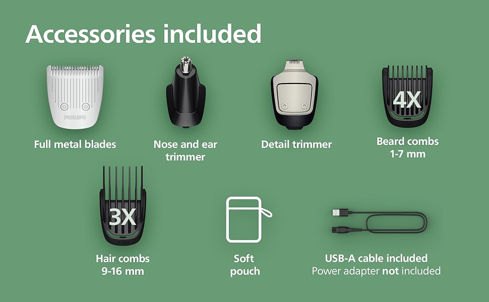 Accessories shown including various trimmers, combs, and USB cable.