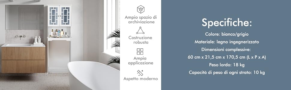 COSTWAY Mobile Per Lavatrice, Organizzatore Bagno Con 3 Mensole, Scaffale Per Bagno Con Mensola Interna Regolabile E 2 Ante, Salva Spazio Per Il Bagno (Bianco) 18 1